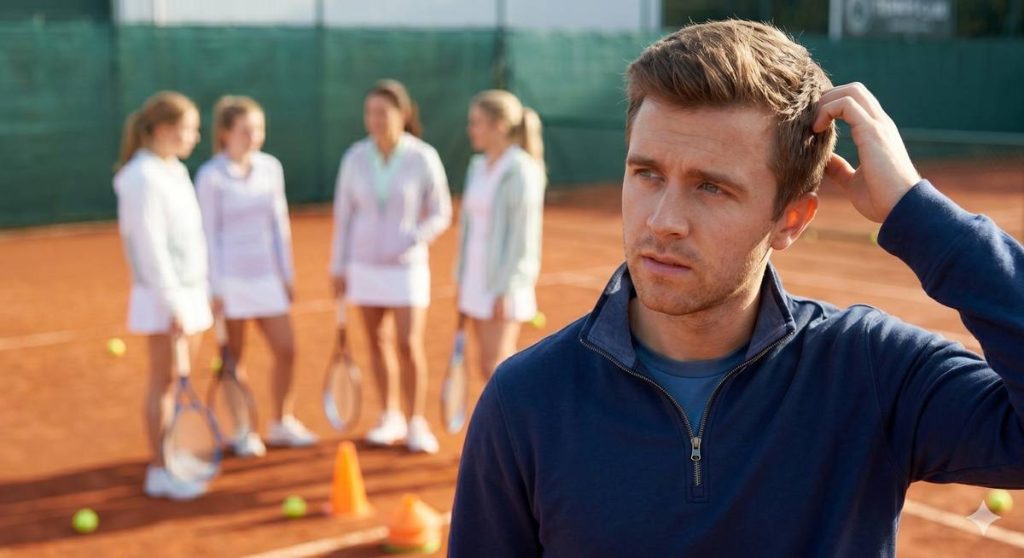 Tennis coach speaking with a player